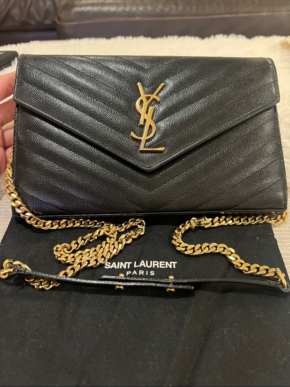 Saint Laurent Monogram Matelassé Chain Wallet in Grain de Poudre Leather Black